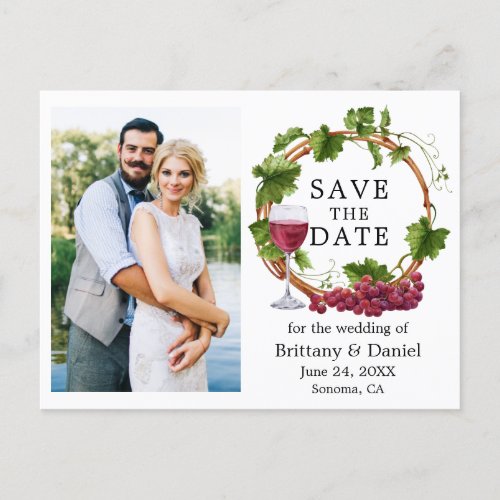 Watercolor Grape Vines Wreath Photo Save The Date Postcard