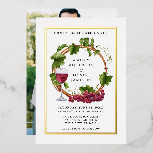 Watercolor Grape Vines Wreath Photo Wedding Gold Foil Invitation