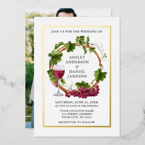 Watercolor Grape Vines Wreath Photo Wedding Gold Foil Invitation