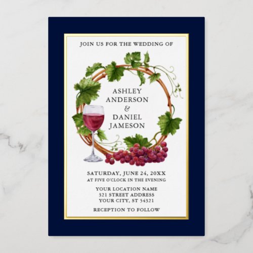 Watercolor Grape Vines Wreath Wedding Blue Gold Foil Invitation