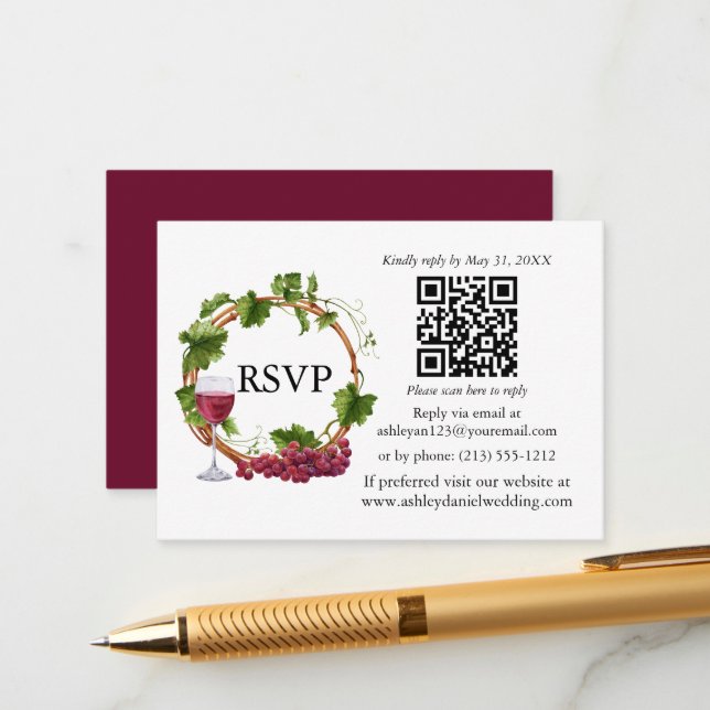 Watercolor Grape Vines Wreath Wedding QR RSVP Enclosure Card (Front/Back In Situ)