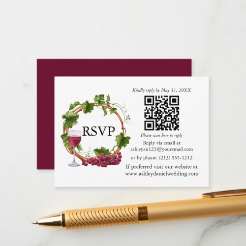 Watercolor Grape Vines Wreath Wedding QR RSVP Enclosure Card