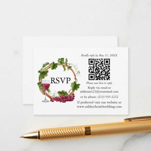 Watercolor Grape Vines Wreath Wedding RSVP QR Enclosure Card