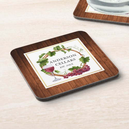 Watercolor Grape Vines Wreath Wine Cellar Name Beverage Coaster