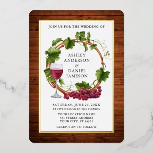 Watercolor Grape Vines Wreath Wood Wedding Gold Foil Invitation