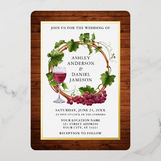 Watercolor Grape Vines Wreath Wood Wedding Gold Foil Invitation (Front)