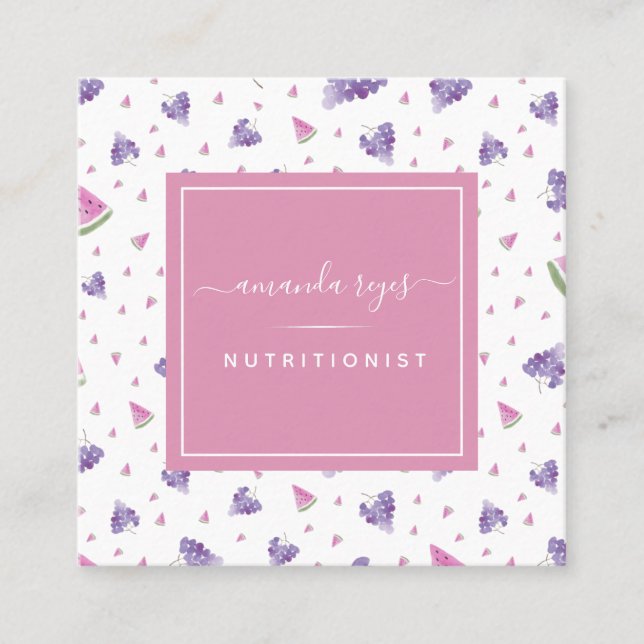 Watercolor Grape Watermelon Nutritionist Dietician Square Business Card (Front)