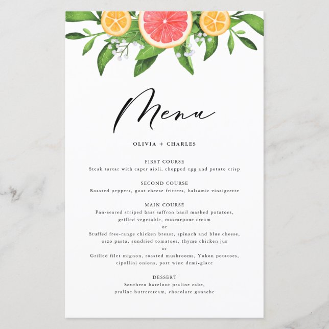 Watercolor Grapefruit and Oranges Citrus Menu Card (Front)