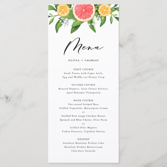 Watercolor Grapefruit and Oranges Citrus Wedding Menu (Front)