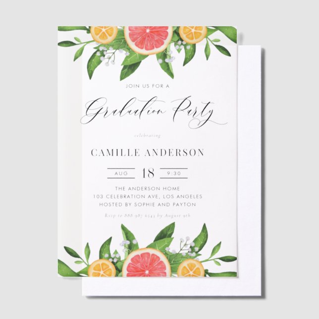 Watercolor Grapefruit and Oranges Graduation Party Vellum Invitations (Offset)