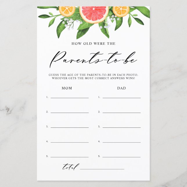 Watercolor Grapefruit How Old Baby Shower Game (Front)