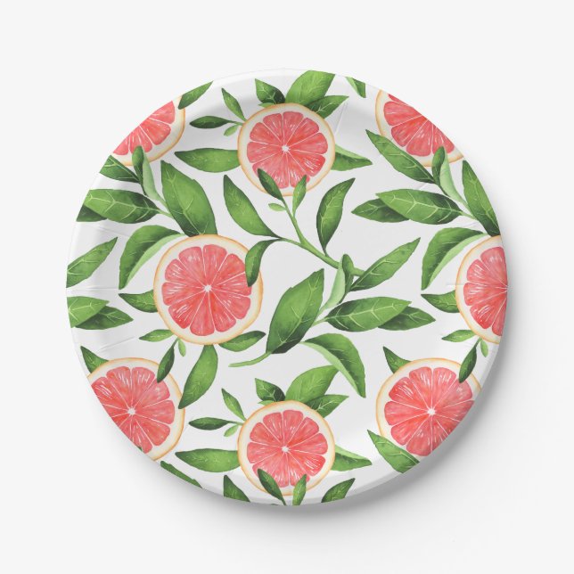 Watercolor Grapefruits and Greenery Pattern Paper Plates (Front)