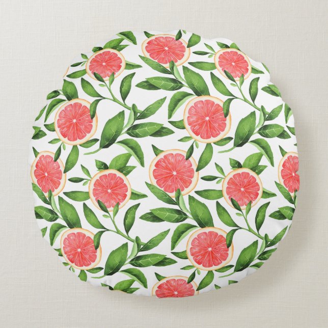 Watercolor Grapefruits and Greenery Pattern Round Pillow (Front)