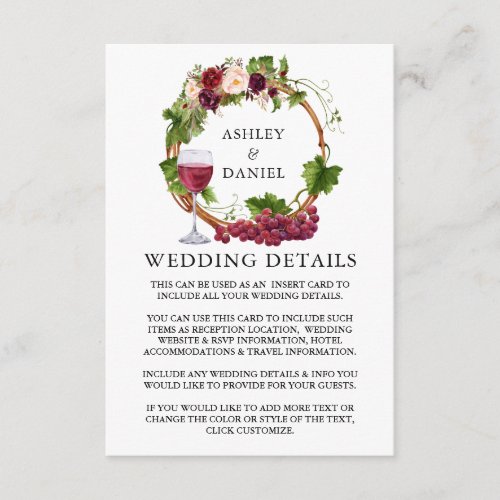 Watercolor Grapes Floral Wreath Wedding Details Enclosure Card