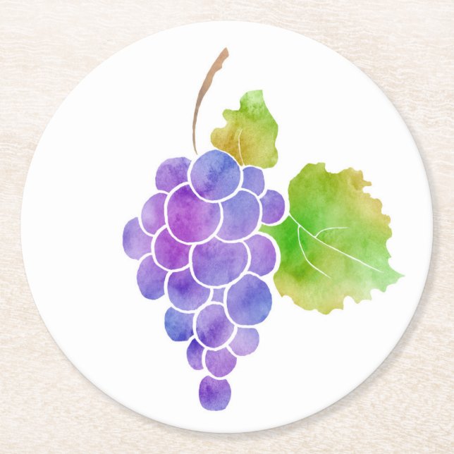 Watercolor Grapes Round Paper Coaster (Front)