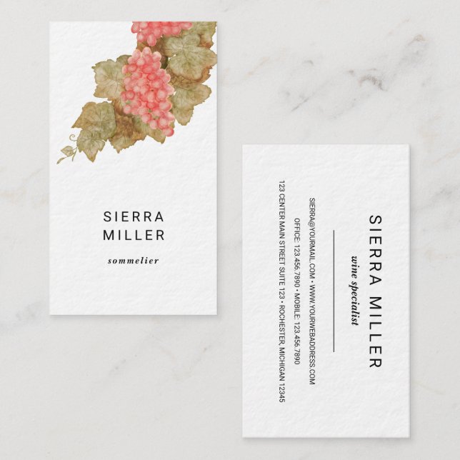 Watercolor grapes sommelier wine business card (Front/Back)