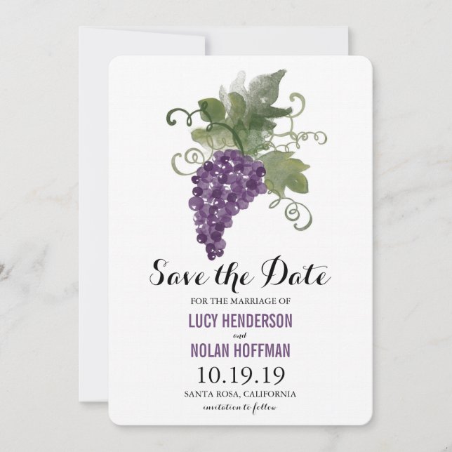 Watercolor Grapes Wine Vineyard Save the Date (Front)