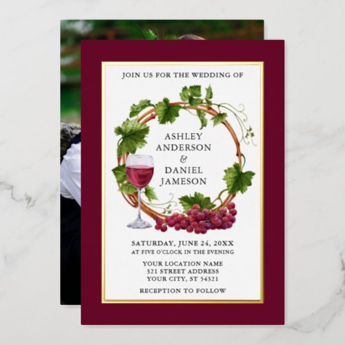 Watercolor Grapes Wreath Photo Burgundy Gold Foil Invitation