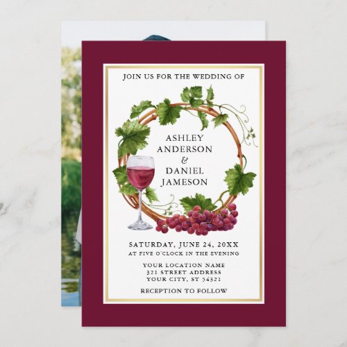 Watercolor Grapes Wreath Photo Burgundy Wedding Invitation