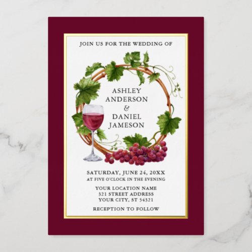 Watercolor Grapes Wreath Wedding Burgundy Gold Foil Invitation