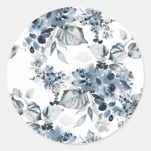 Watercolor Gray and Blue Floral Pattern  Classic Round Sticker