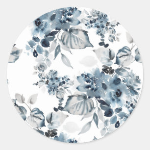 Watercolor Gray and Blue Floral Pattern Classic Round Sticker