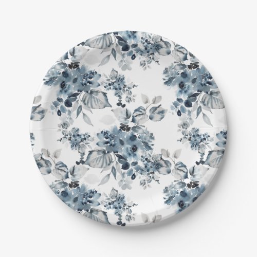 Watercolor Gray and Blue Floral Pattern Holiday Paper Plates