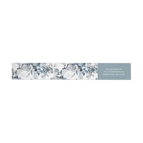 Watercolor Gray and Blue Floral Pattern Holiday Wrap Around Label