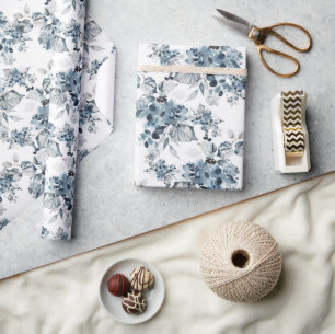Watercolor Gray and Blue Floral Pattern Holiday Wrapping Paper