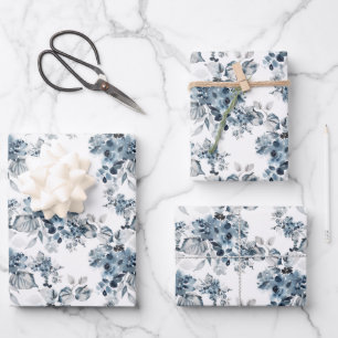 Watercolor Gray and Blue Floral Pattern Holiday Wrapping Paper Sheets