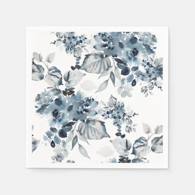Watercolor Gray and Blue Floral Pattern Napkins (Front)