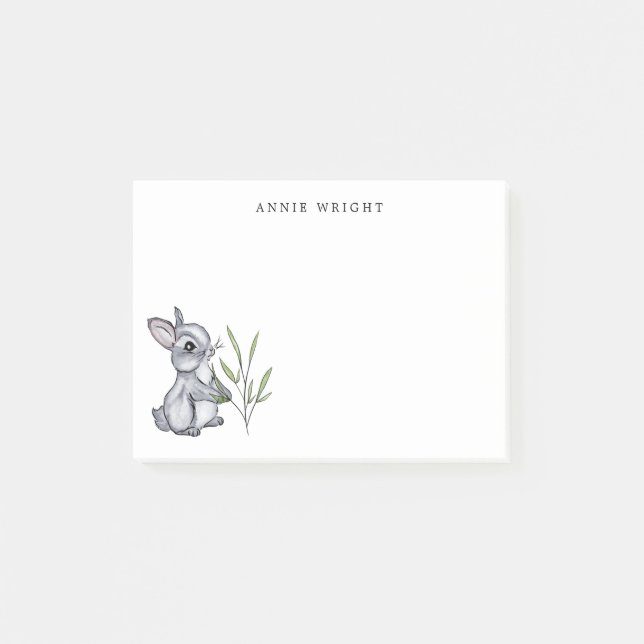 Watercolor Gray Baby Bunny Personalized Stationery Post-it Notes (Front)