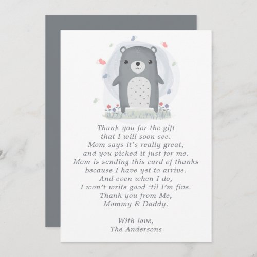 Watercolor Gray Bear Baby Shower Thank You Card