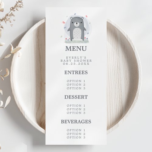 Watercolor Gray Bear Boy Baby Shower Menu