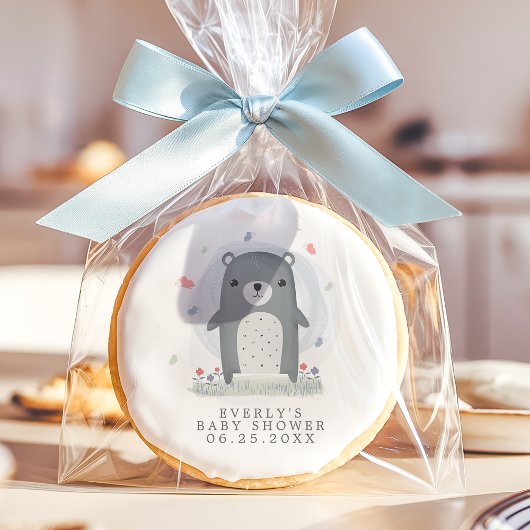Watercolor Gray Bear Boy Baby Shower Sugar Cookie