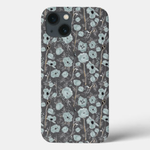 Watercolor Gray Blue Poppy Flowers iPhone 13 Case