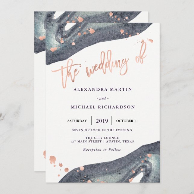 Watercolor Gray Geode and Faux Rose Gold | Wedding Invitation (Front/Back)