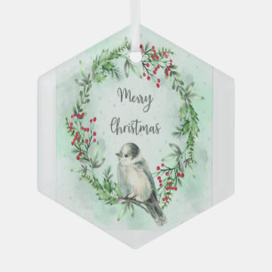 Watercolor Gray Grey Jay Bird Wreath Christmas Glass Ornament