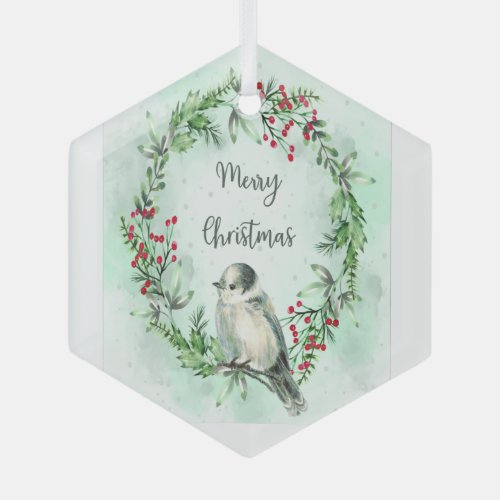 Watercolor Gray Grey Jay Bird Wreath Christmas  Glass Ornament
