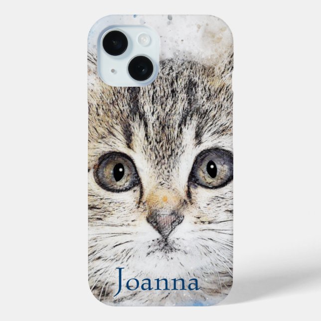 Watercolor Gray Kitten on Blue Case-Mate iPhone Case (Back)