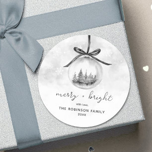 Watercolor Gray Ornament Christmas Merry Bright Classic Round Sticker
