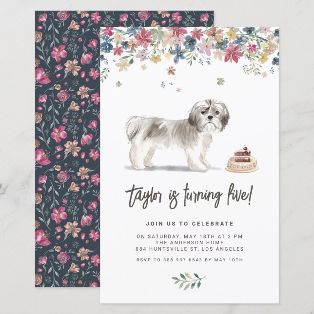Watercolor Gray Shih Tzu Dog Birthday Invitation (Front/Back)