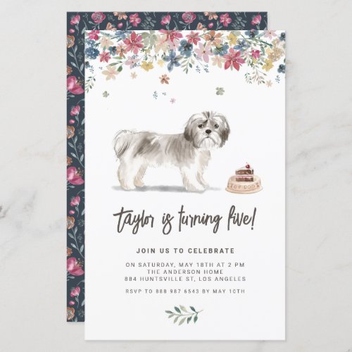 Watercolor Gray Shih Tzu Dog Birthday Invitation
