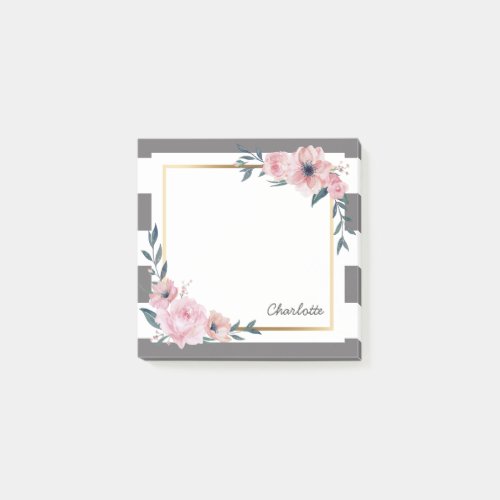 Watercolor Gray Stripes Floral Custom Name Post_it Notes