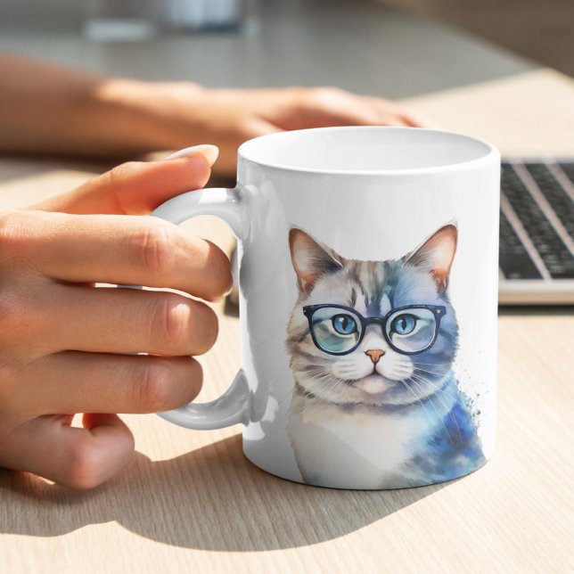 Watercolor Gray Tabby Cat Personalized Coffee Mug (Creator Uploaded)