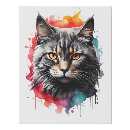 Watercolor Gray Tabby Cat Splatter Art Portrait  Faux Canvas Print