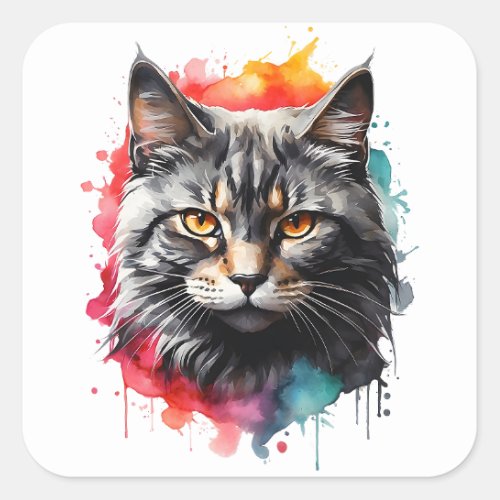 Watercolor Gray Tabby Cat Splatter Art Portrait  Square Sticker
