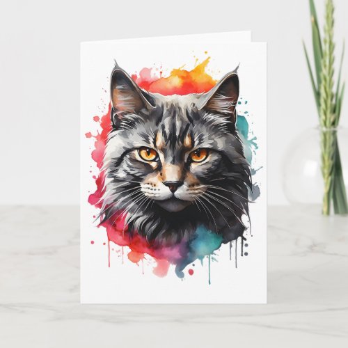 Watercolor Gray Tabby Cat Splatter Portrait Blank Card