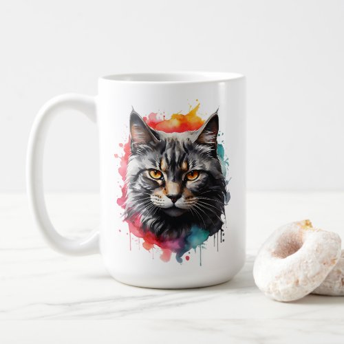 Watercolor Gray Tabby Cat Splatter Portrait  Coffee Mug