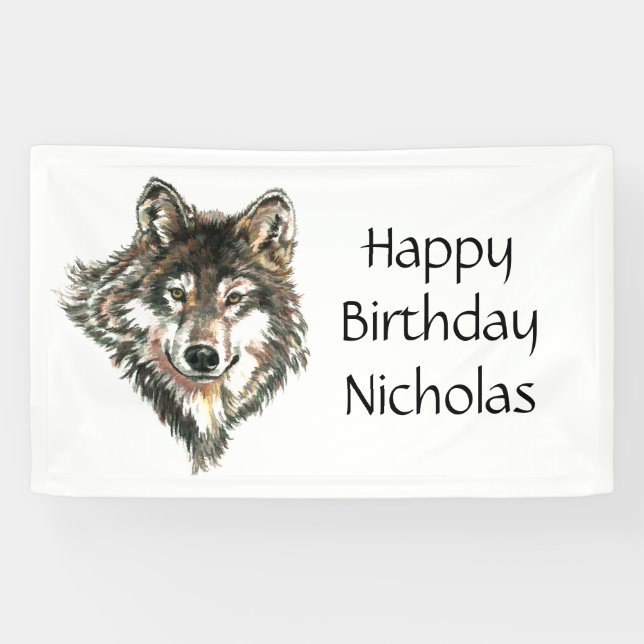 Watercolor Gray Wolf Logo Custom Name wolves Banner (Horizontal)